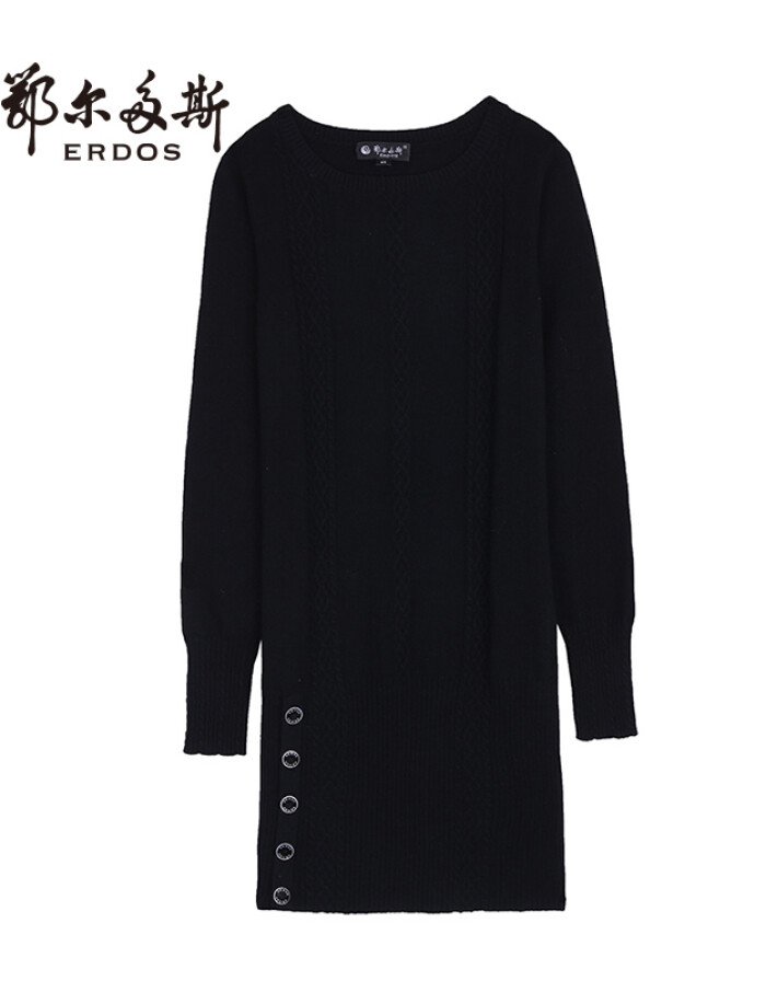 (不销售)鄂尔多斯 新款羊绒连衣裙纯羊绒一字领翻花连衣裙 中长款 毛衣针织衫 纯黑 85